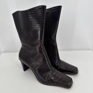Faux-Croc Square-Toe Mid-Calf Ankle Boots - Black